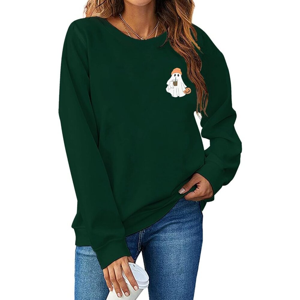 Halloween Sweatshirt Women Ghost Coffee Long Sleeve Crewneck Spooky Season